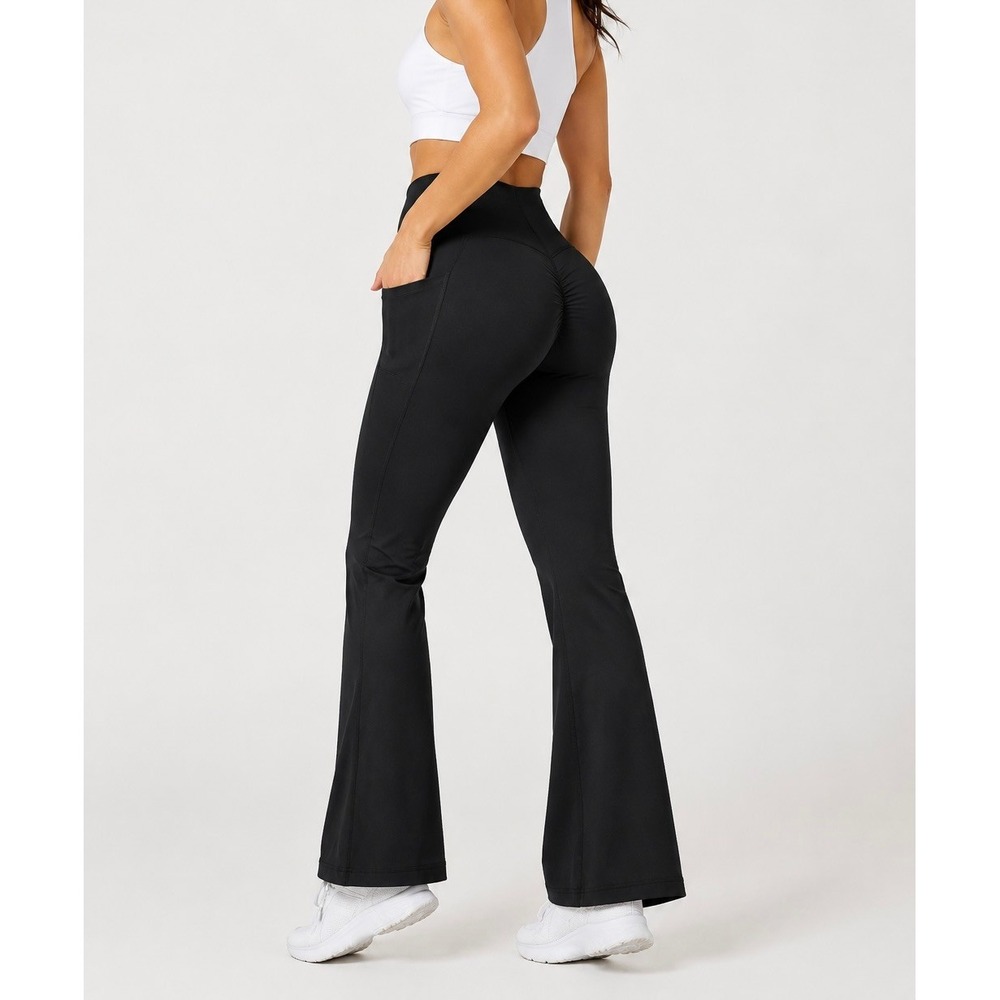 Halara Black Crossover V-Waist Scrunch Butt Flare Leggings Large Pockets NWOT